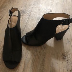 Black leather peep toe heels